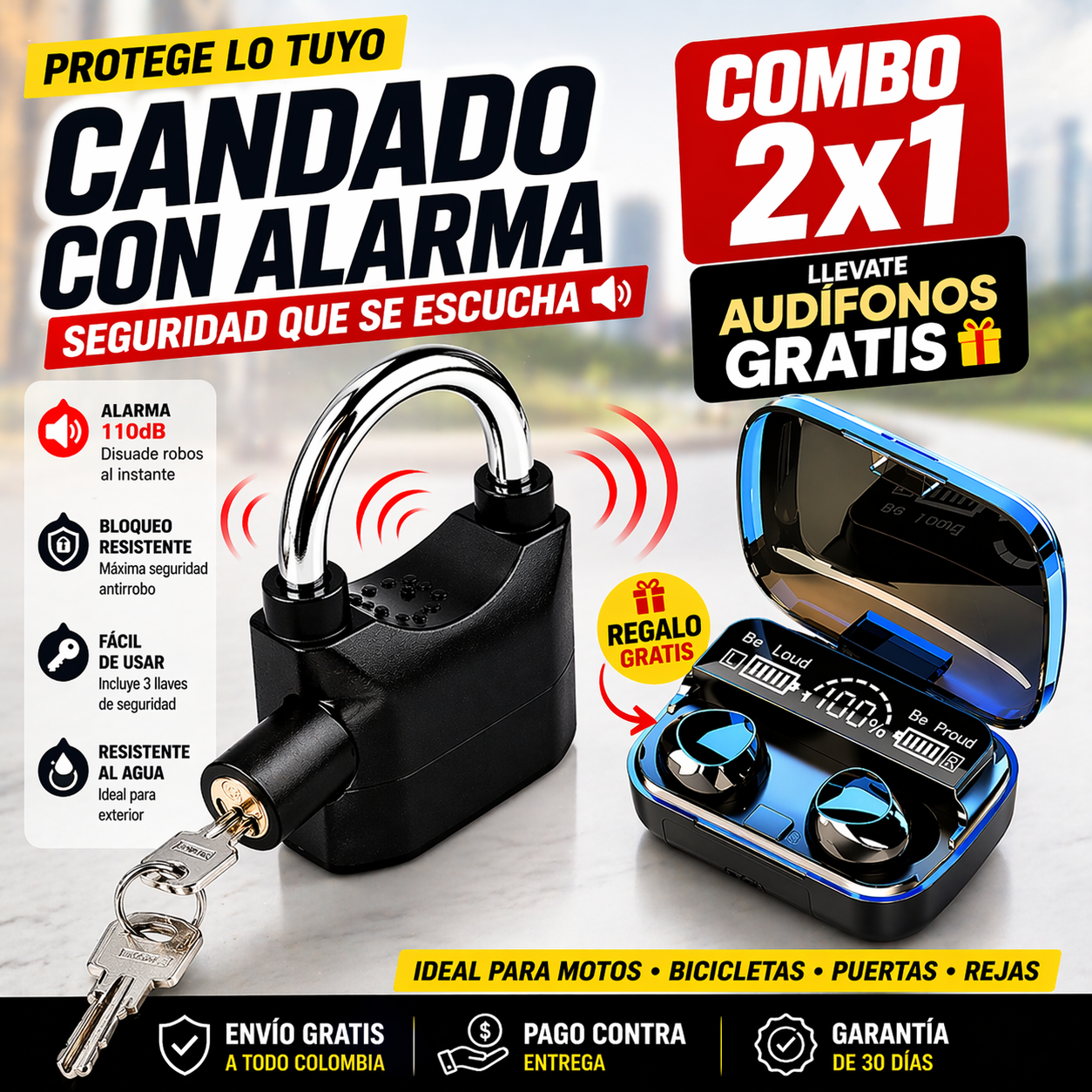 Candado de Seguridad con Alarma 110dB +⚡Audífonos Inalámbricos GRATIS⚡Oferta limitada ⚡