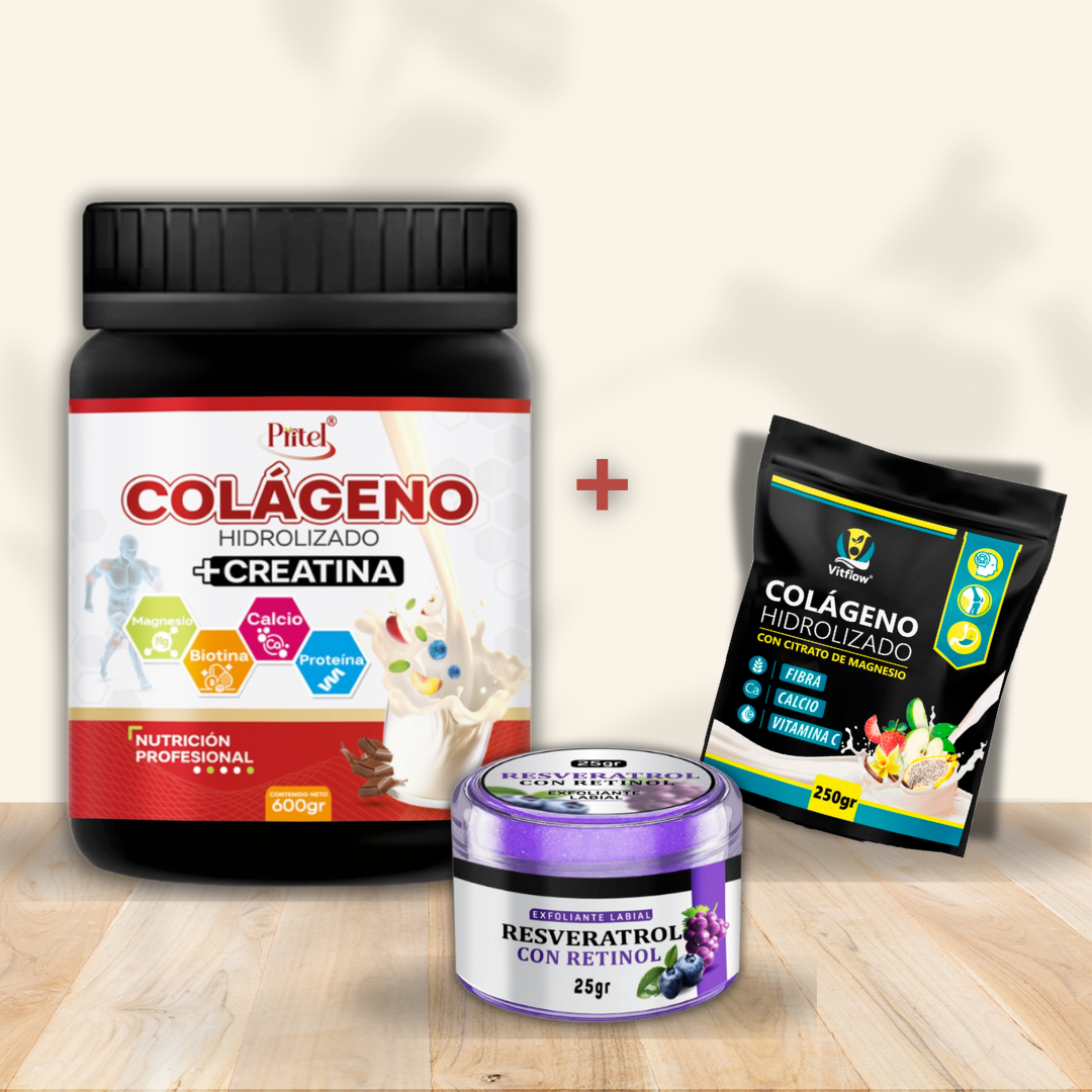 COMBO 3 X 1 COLAGENO CREATINA+COLAGEO MAGNESIO+RESVERATROL CON RETINOL