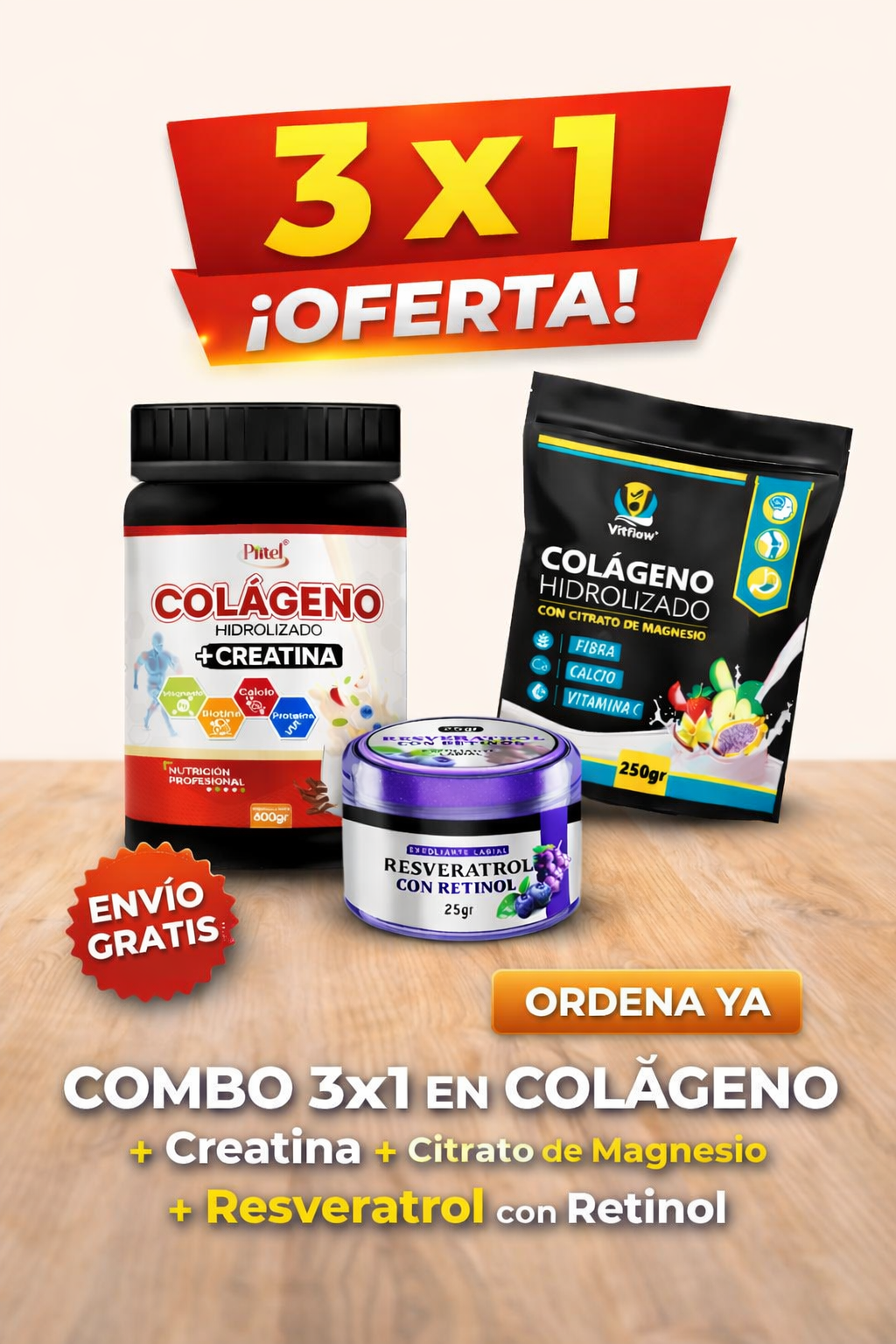 COMBO 3 X 1 COLAGENO CREATINA+COLAGEO MAGNESIO+RESVERATROL CON RETINOL