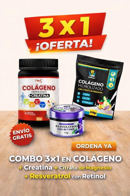 COMBO 3 X 1 COLAGENO CREATINA+COLAGEO MAGNESIO+RESVERATROL CON RETINOL